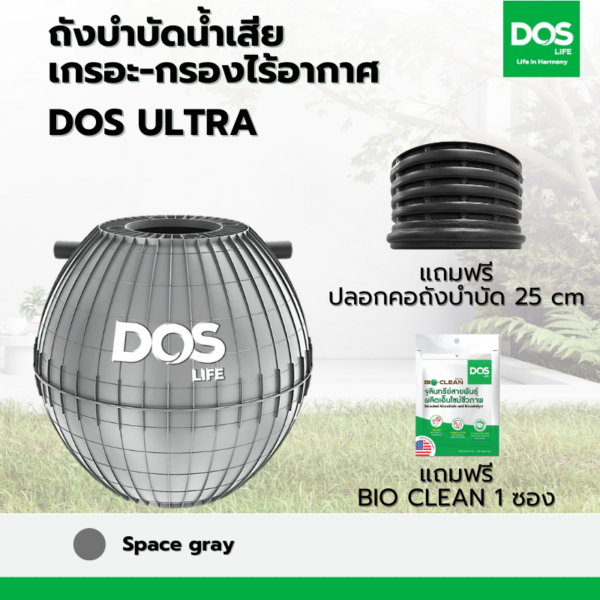 ถังบำบัดน้ำเสีย เกรอะ-กรองไร้อากาศ DOS ULTRA เทา 1000L+ปลอกคอ 25 cm
